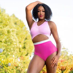 NWT Lumi Lumi Collective  Houndstooth Open Back Leotard Pink XL Adult